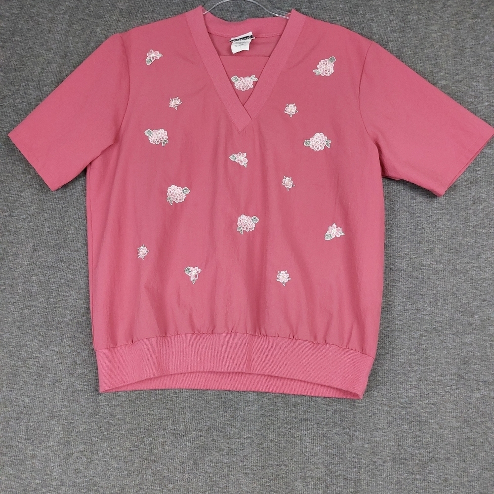 BONWORTH WOMENS PINK FLORAL APPLIQUE EMBELLISHED SHORT SLEEVE VNECK TOP SIZE S